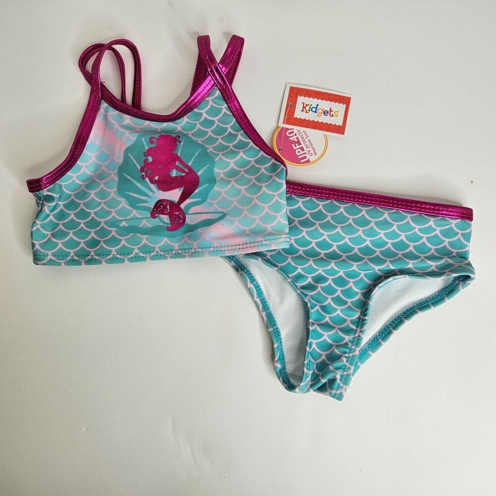 Kidgets Swimsuit Toddler Girls 12M Aqua Pink Mermaid Seashell Tankini Set UPF40